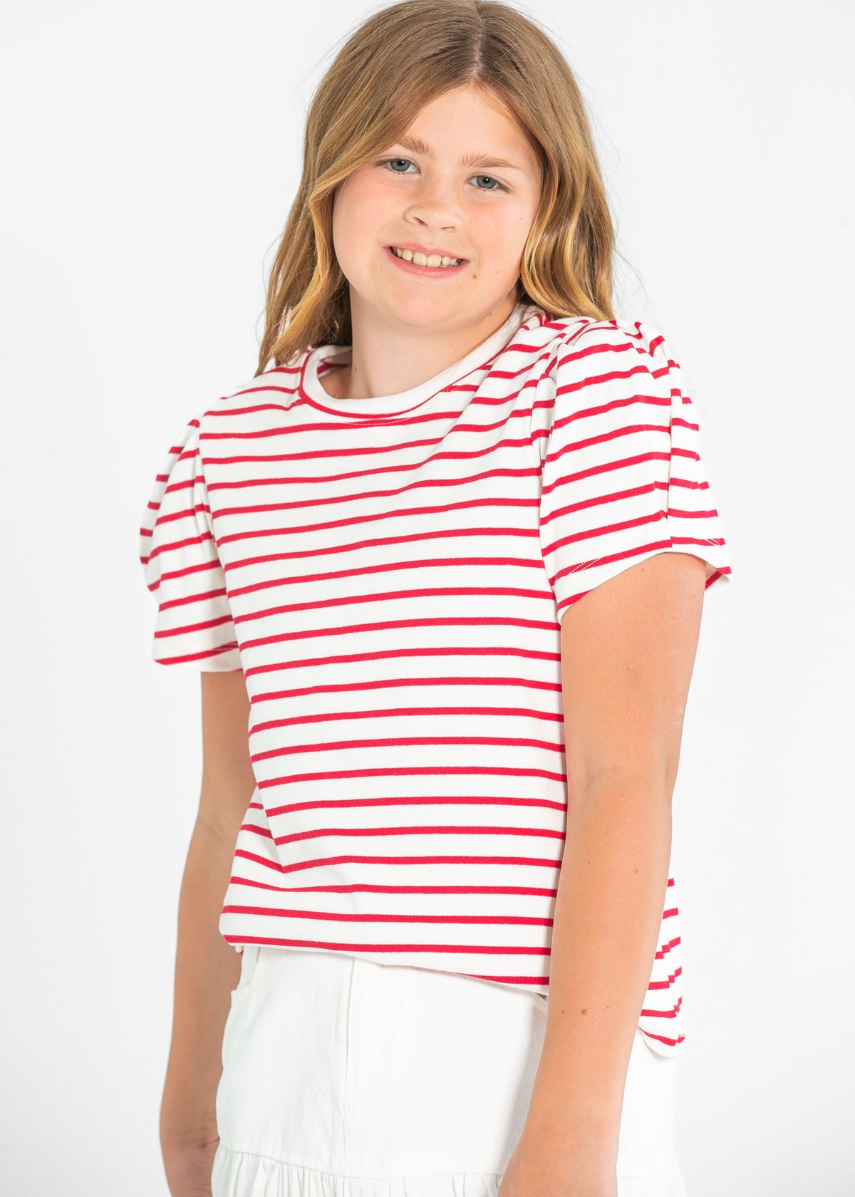 Girl's Pleated Puff Sleeve Stripe Knit T-Shirt