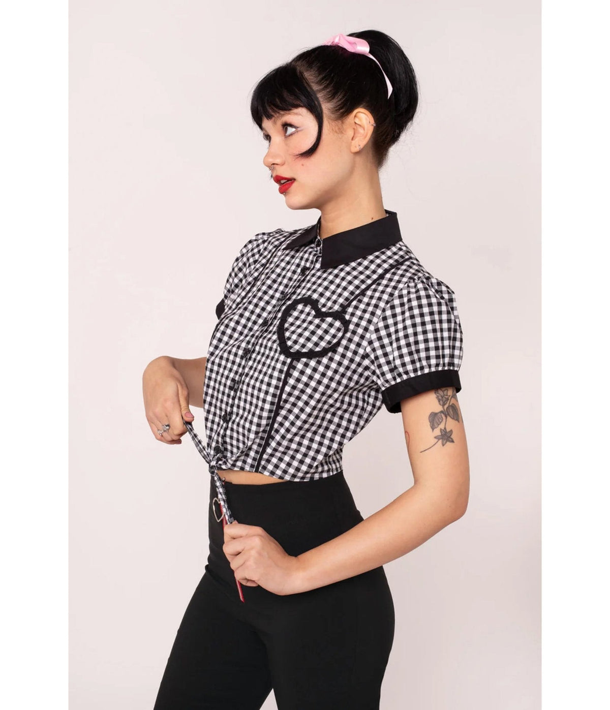 Hell Bunny Black & White Gingham Mel Cropped Blouse