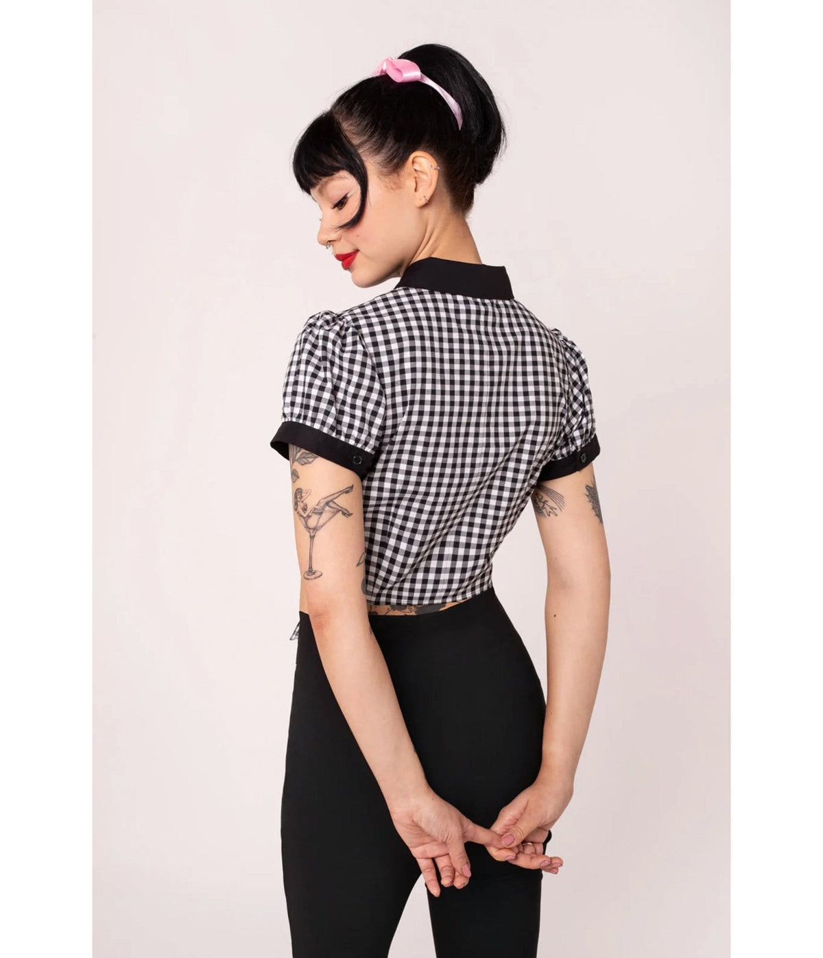 Hell Bunny Black & White Gingham Mel Cropped Blouse