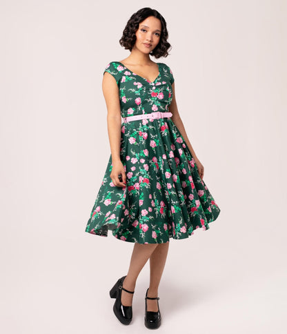 Hell Bunny Emerald & Pink Floral Swing Dress