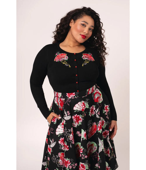 Hell Bunny Plus Size Black Fan & Floral Embroidered Yuna Cardigan