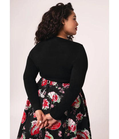 Hell Bunny Plus Size Black Fan & Floral Embroidered Yuna Cardigan