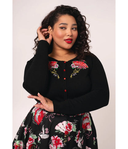 Hell Bunny Plus Size Black Fan & Floral Embroidered Yuna Cardigan