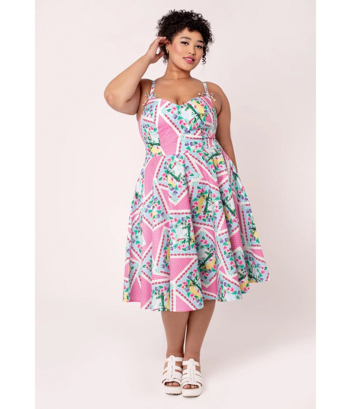 Hell Bunny Plus Size Pink Floral Patchwork Swing Dress