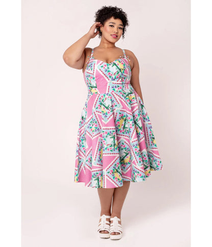 Hell Bunny Plus Size Pink Floral Patchwork Swing Dress