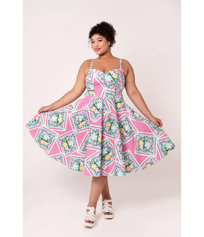 Hell Bunny Plus Size Pink Floral Patchwork Swing Dress