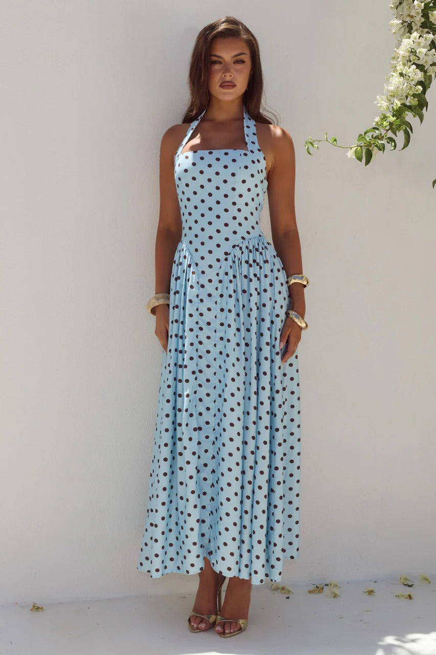 Sammi Midi Dress - Sky Blue/Choc Polka