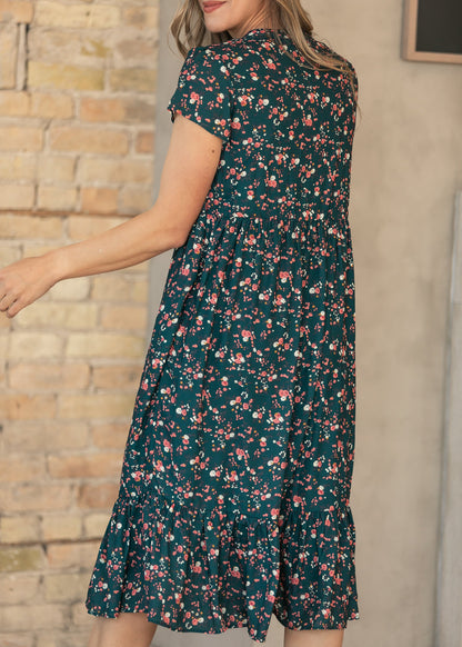 Jaydrien Green Floral Short Sleeve Midi Dress