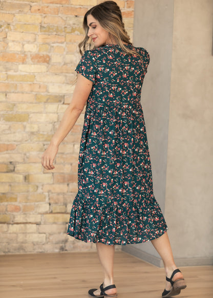 Jaydrien Green Floral Short Sleeve Midi Dress