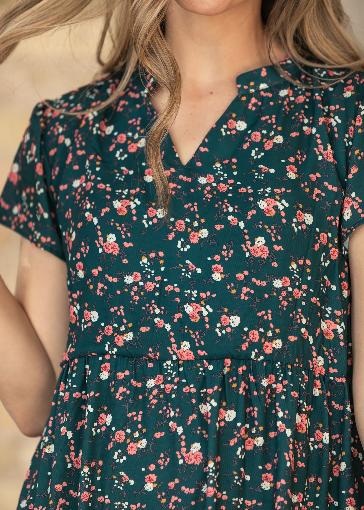 Jaydrien Green Floral Short Sleeve Midi Dress