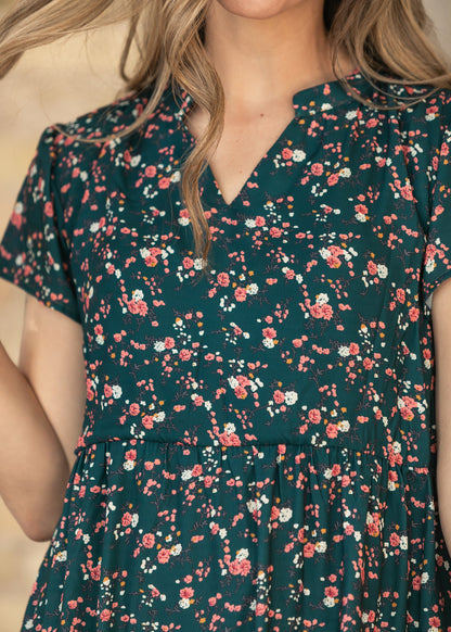 Jaydrien Green Floral Short Sleeve Midi Dress
