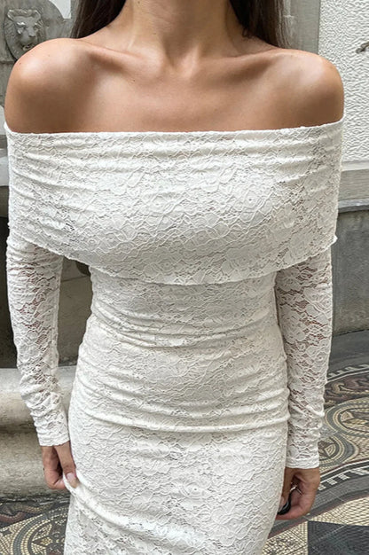 Lace Embroidered Off Shoulder Fitted Maxi Dress