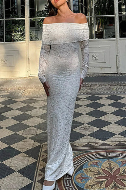 Lace Embroidered Off Shoulder Fitted Maxi Dress