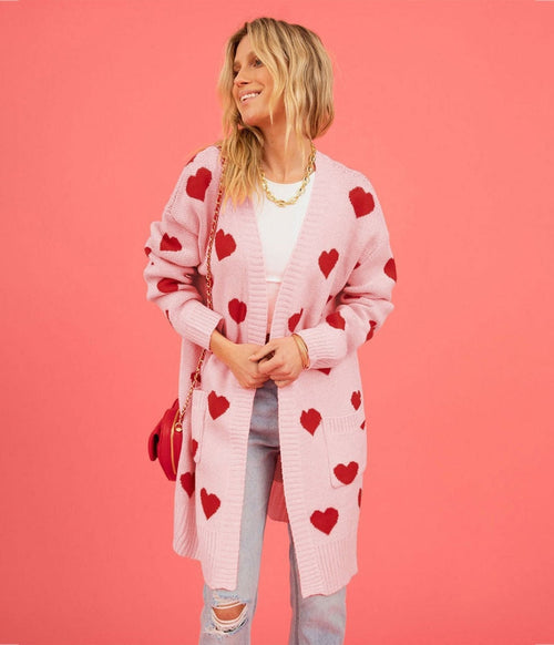 Light Pink & Red Heart Long Cardigan