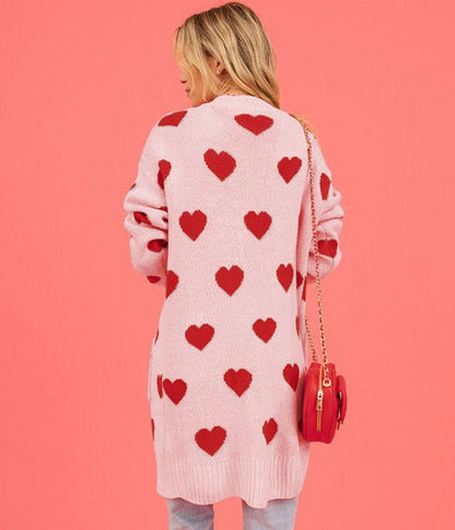 Light Pink & Red Heart Long Cardigan