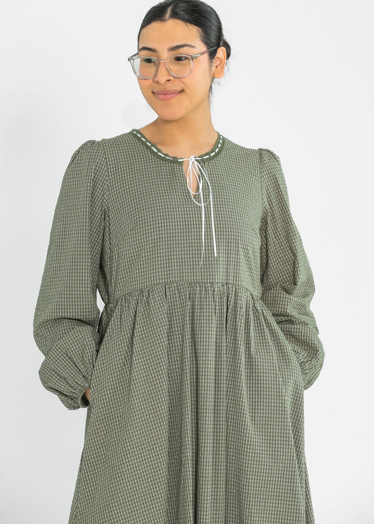 Long Sleeve Gingham Tie Detail Maxi Dress - FINAL SALE
