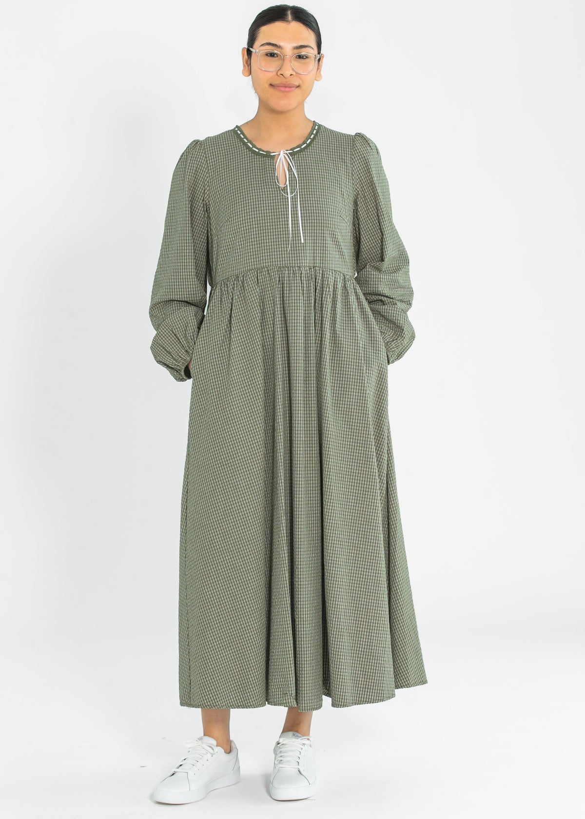 Long Sleeve Gingham Tie Detail Maxi Dress - FINAL SALE