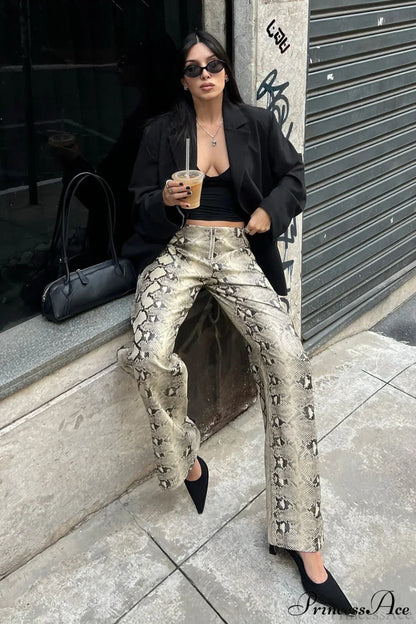 Low-Waist Snake Print Wide-Leg Jeans