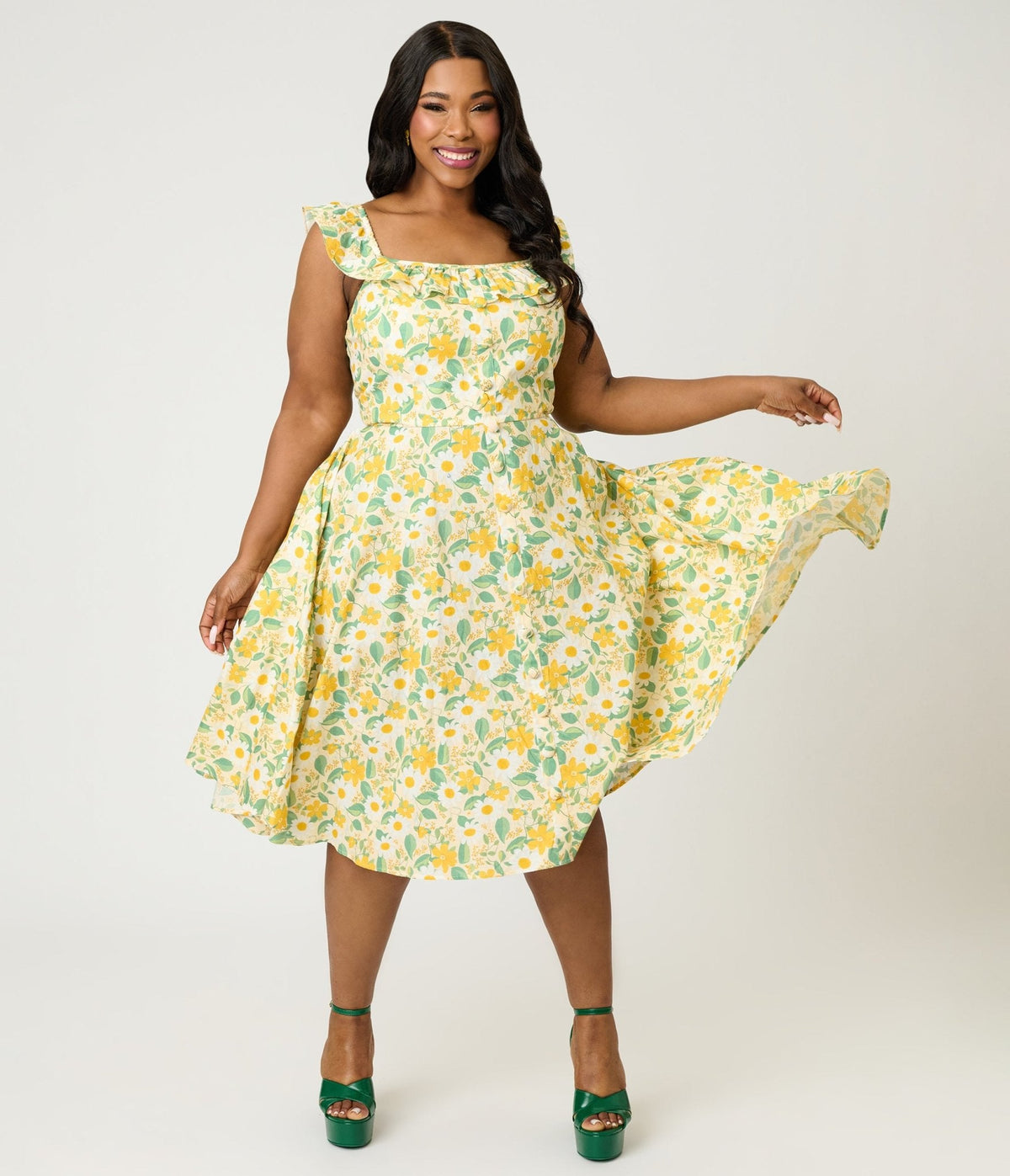 Magnolia Place Plus Size Yellow Floral Cotton Barbara Swing Dress
