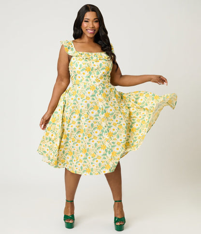 Magnolia Place Plus Size Yellow Floral Cotton Barbara Swing Dress