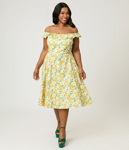 Magnolia Place Plus Size Yellow Floral Cotton Barbara Swing Dress