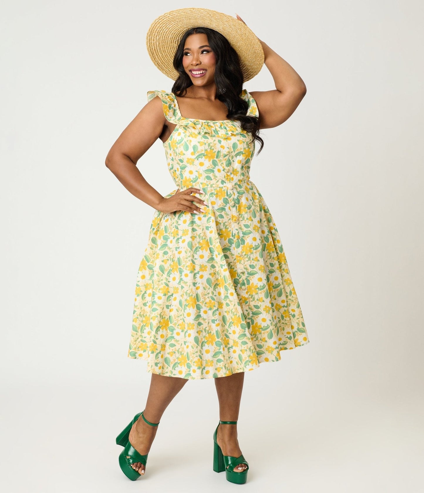 Magnolia Place Plus Size Yellow Floral Cotton Barbara Swing Dress