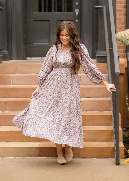 Maroon Floral 3/4 Sleeve Dress - FINAL SALE