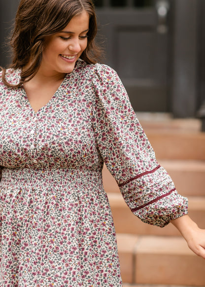 Maroon Floral 3/4 Sleeve Dress - FINAL SALE