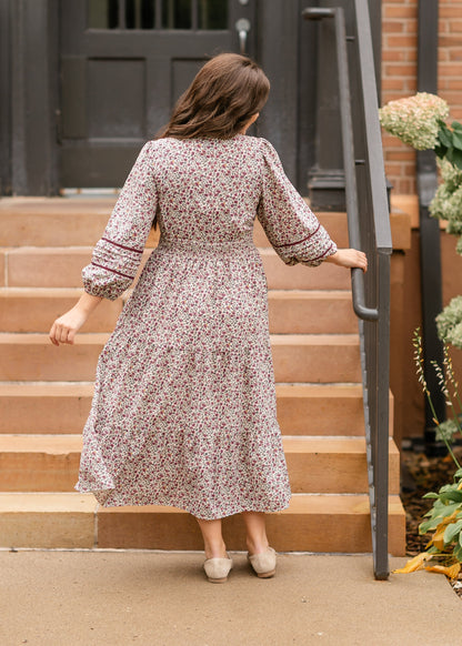 Maroon Floral 3/4 Sleeve Dress - FINAL SALE