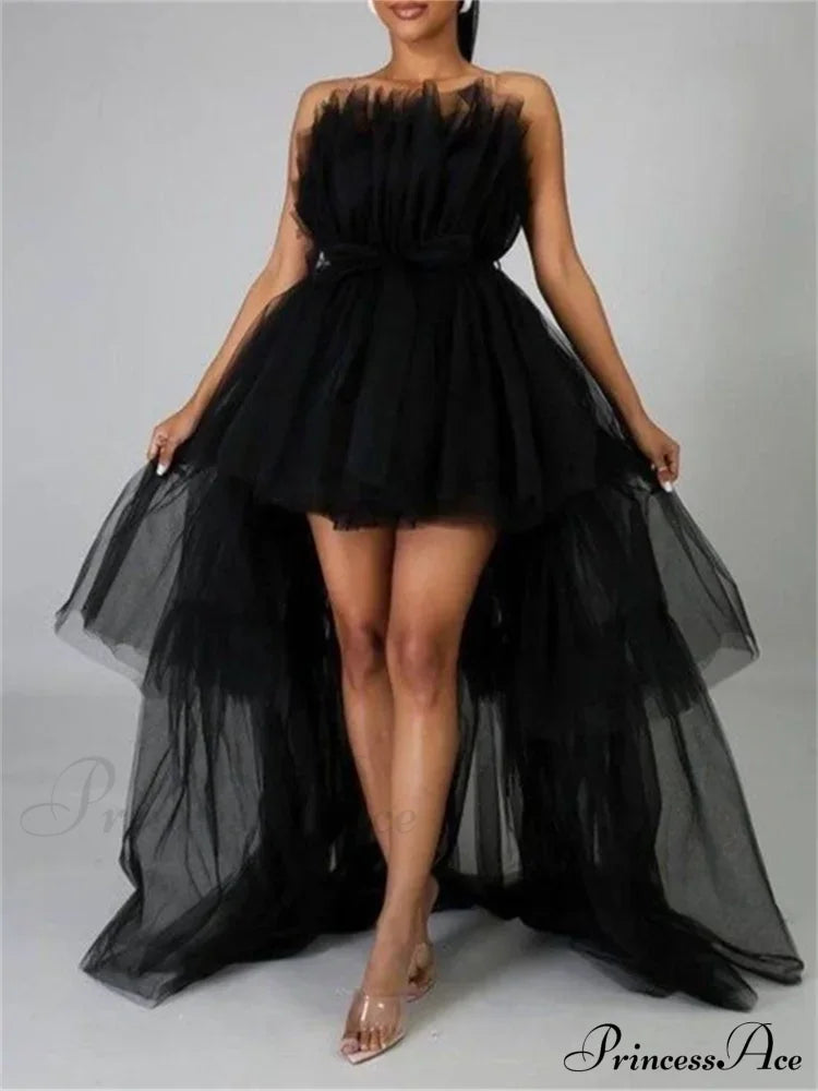 Mesh Sheer Elegant Women Formal Ball Gown  Strapless Off Shoulder High Waist Asymmetrical Hem Tulle