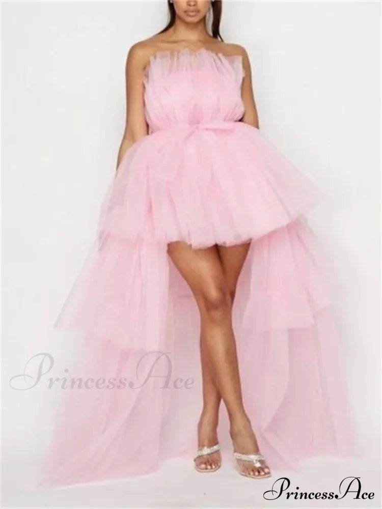 Mesh Sheer Elegant Women Formal Ball Gown  Strapless Off Shoulder High Waist Asymmetrical Hem Tulle