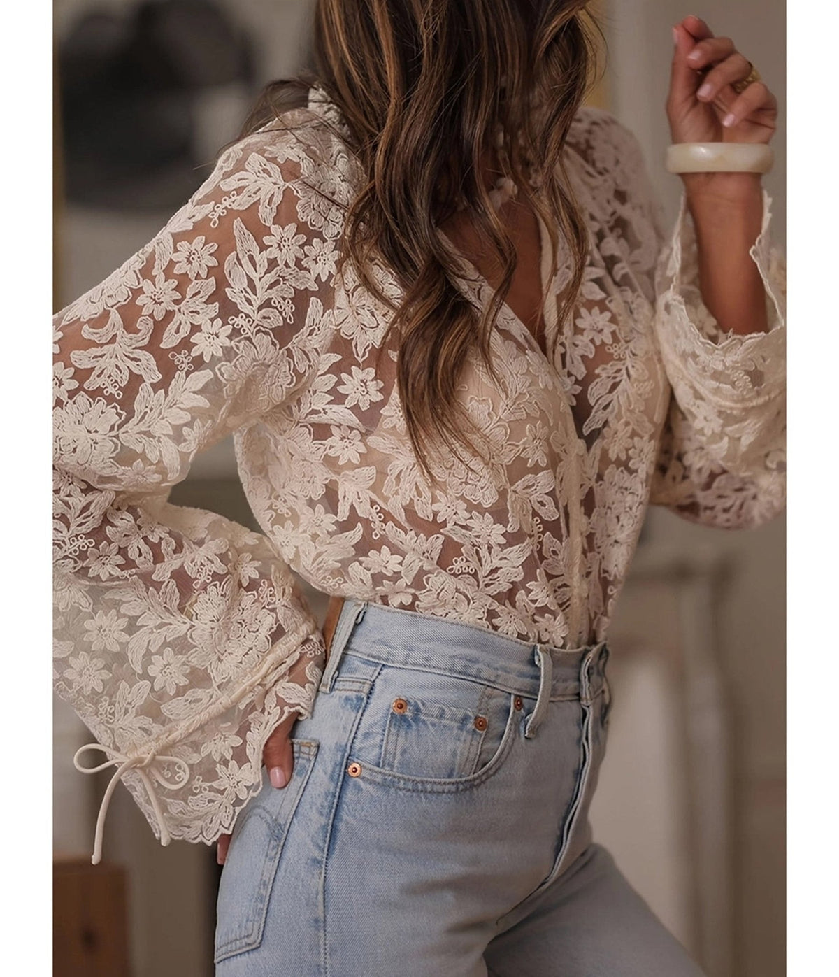 Off White Sheer Lace Blouse