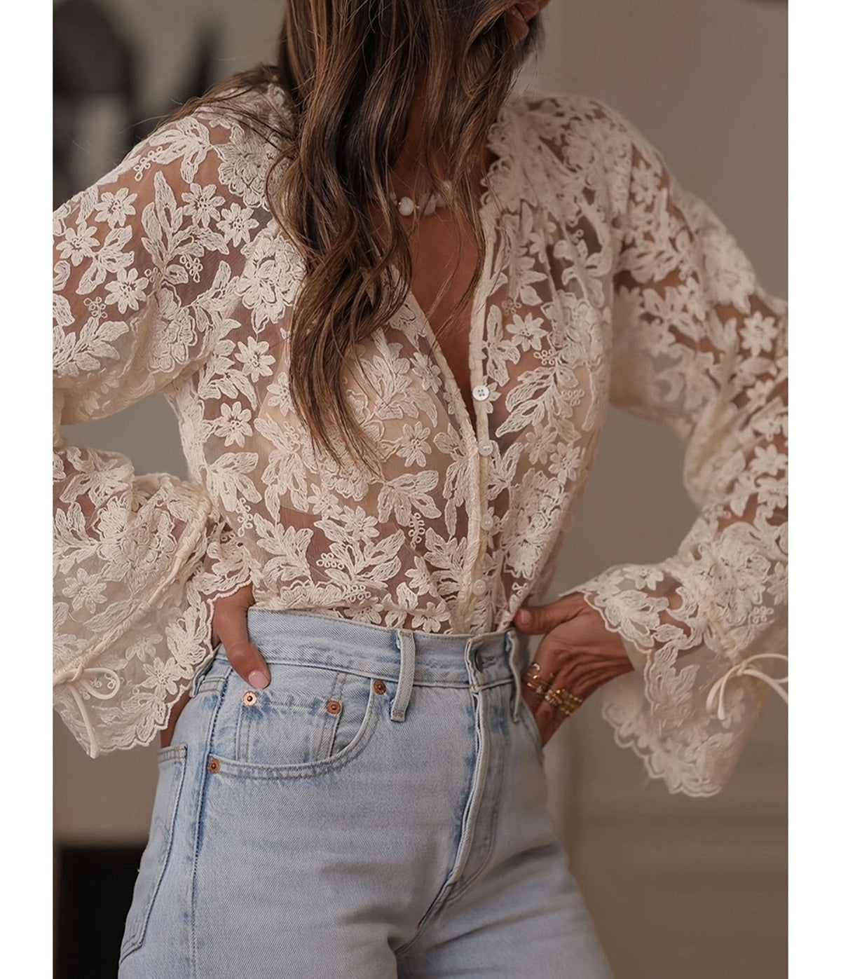Off White Sheer Lace Blouse