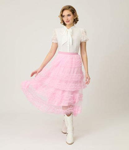Pink Mesh Ruffled Tier Midi Skirt