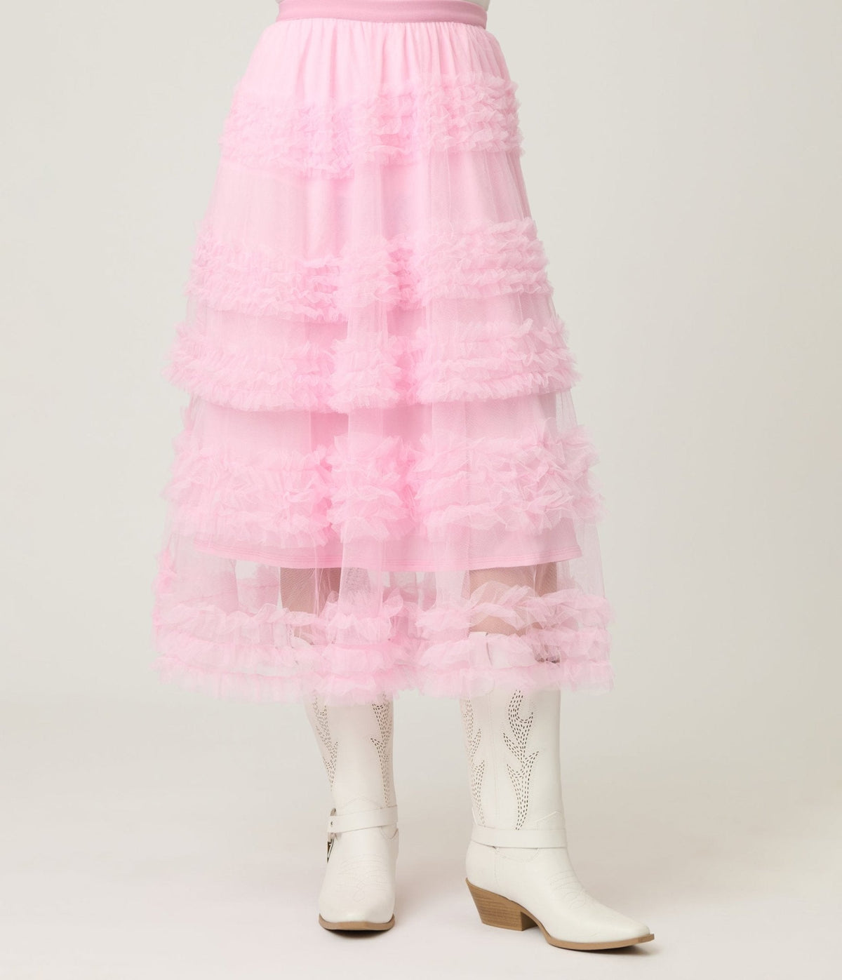 Pink Mesh Ruffled Tier Midi Skirt