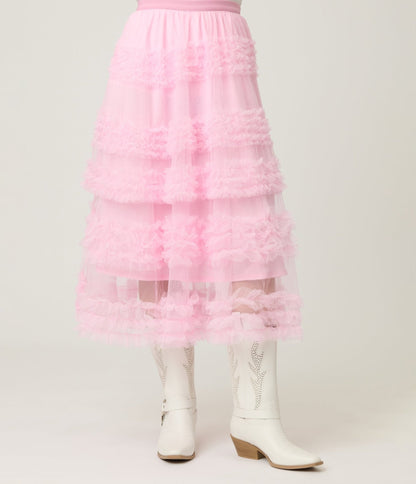 Pink Mesh Ruffled Tier Midi Skirt