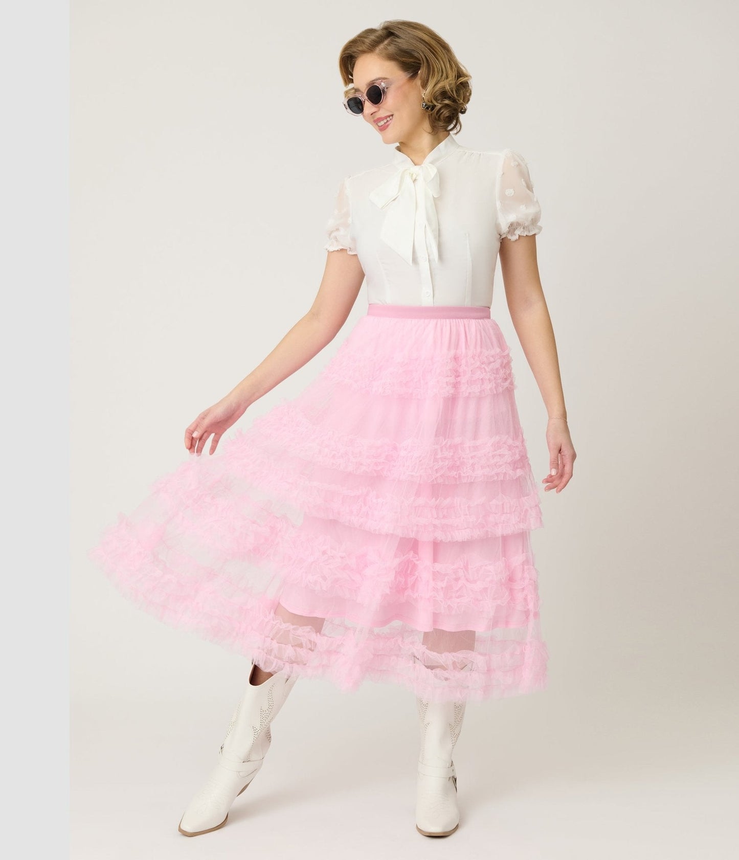 Pink Mesh Ruffled Tier Midi Skirt