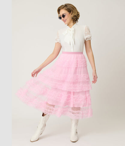 Pink Mesh Ruffled Tier Midi Skirt