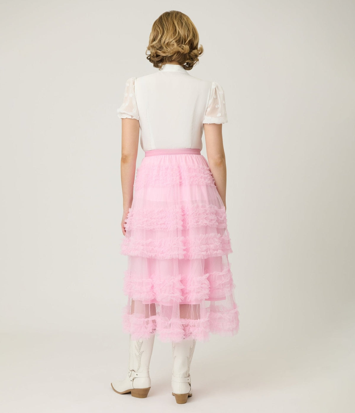 Pink Mesh Ruffled Tier Midi Skirt