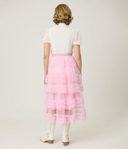 Pink Mesh Ruffled Tier Midi Skirt
