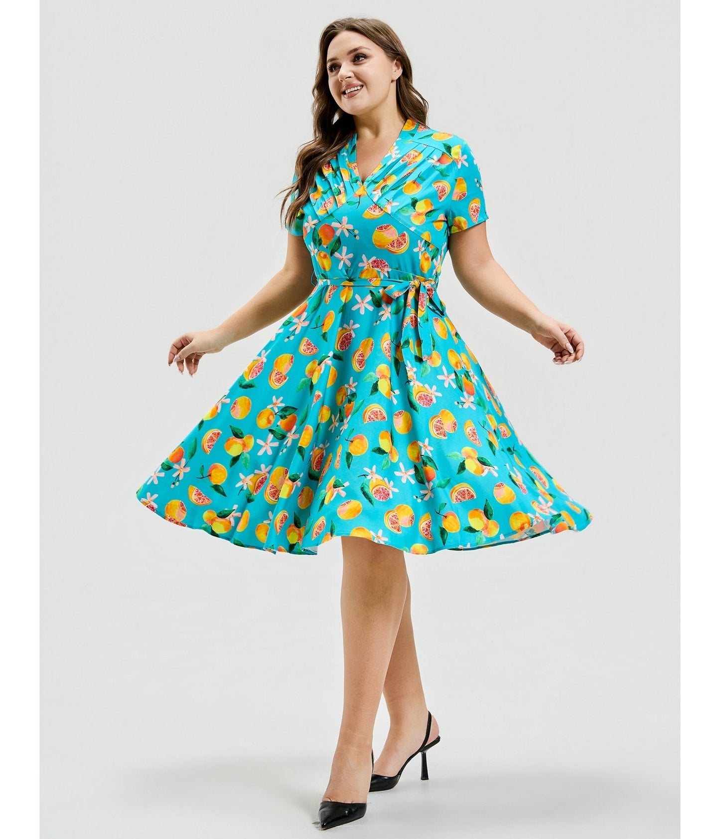 Plus Size Turquoise Grapefruit Groove Rose Swing Dress