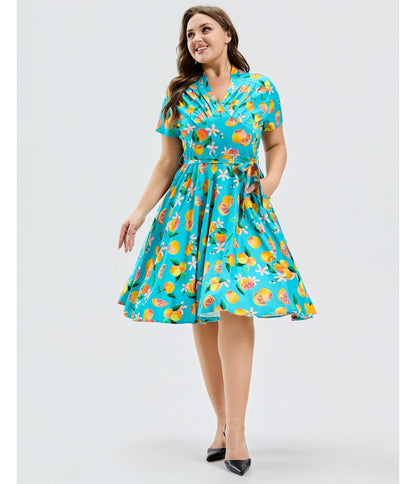 Plus Size Turquoise Grapefruit Groove Rose Swing Dress