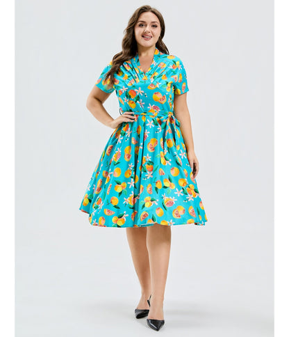 Plus Size Turquoise Grapefruit Groove Rose Swing Dress