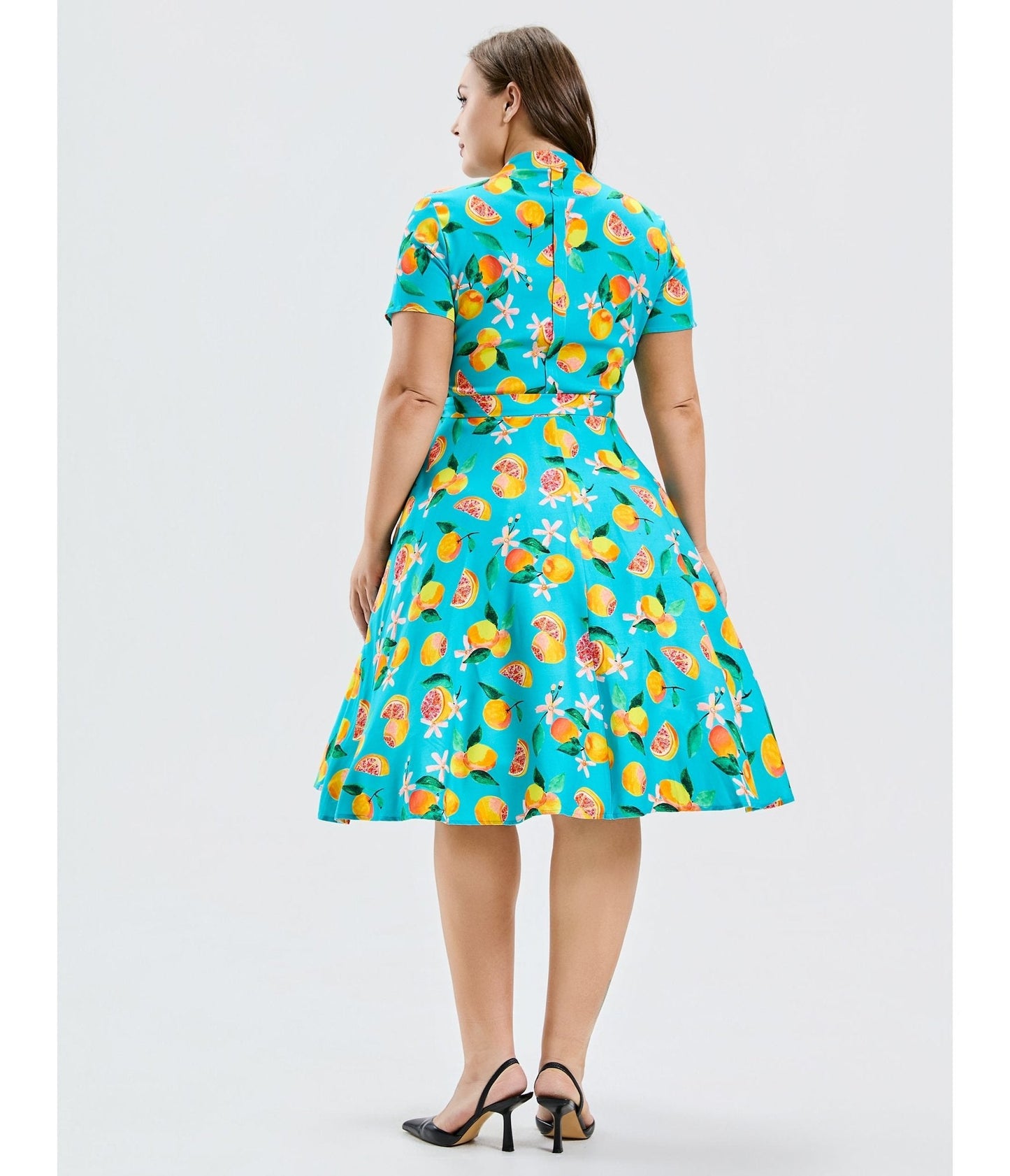 Plus Size Turquoise Grapefruit Groove Rose Swing Dress