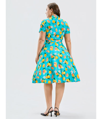 Plus Size Turquoise Grapefruit Groove Rose Swing Dress