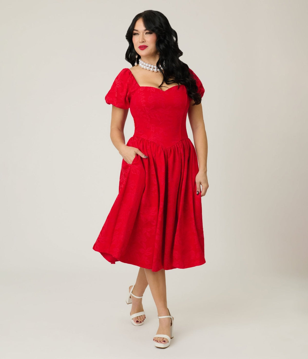 Smak Parlour Red Brocade Sweetheart Swing Dress