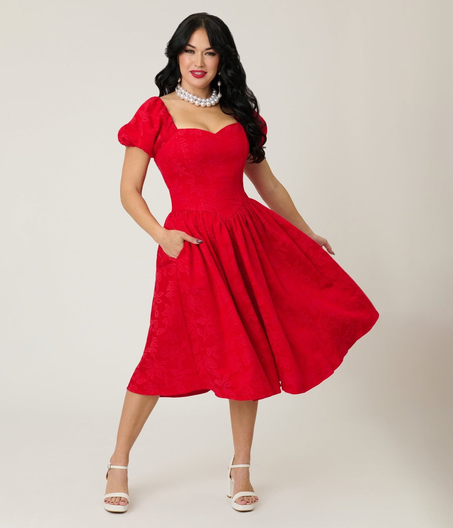 Smak Parlour Red Brocade Sweetheart Swing Dress