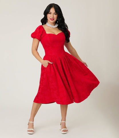 Smak Parlour Red Brocade Sweetheart Swing Dress