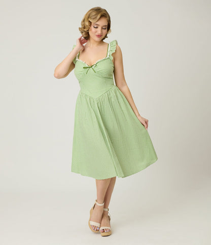 Unique Vintage Green Gingham Sweetheart Flutter Sleeve Swing Dress