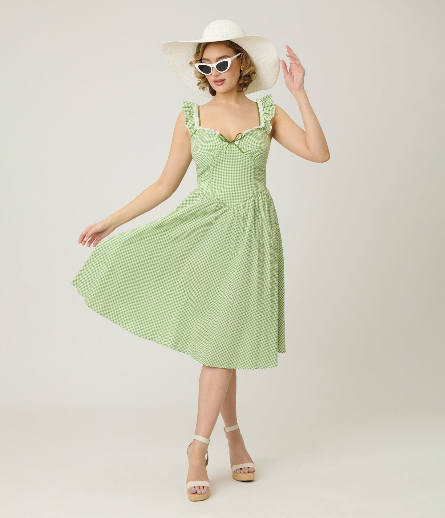 Unique Vintage Green Gingham Sweetheart Flutter Sleeve Swing Dress